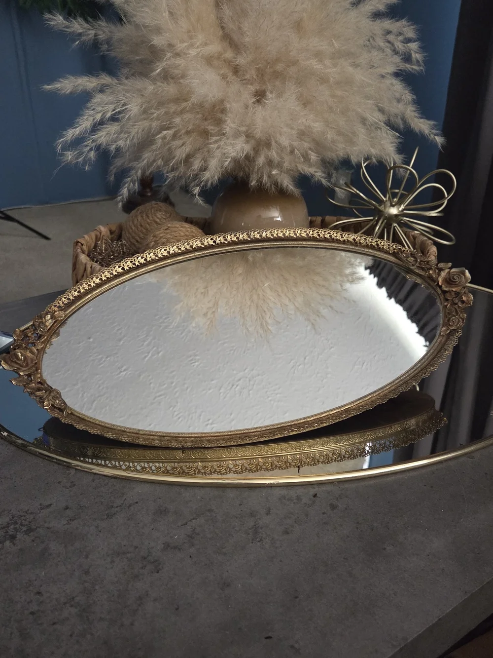1960s 24 Karat Gold Plated Matson Golden Rose Ormolu Vintage Vanity Mirror Tray